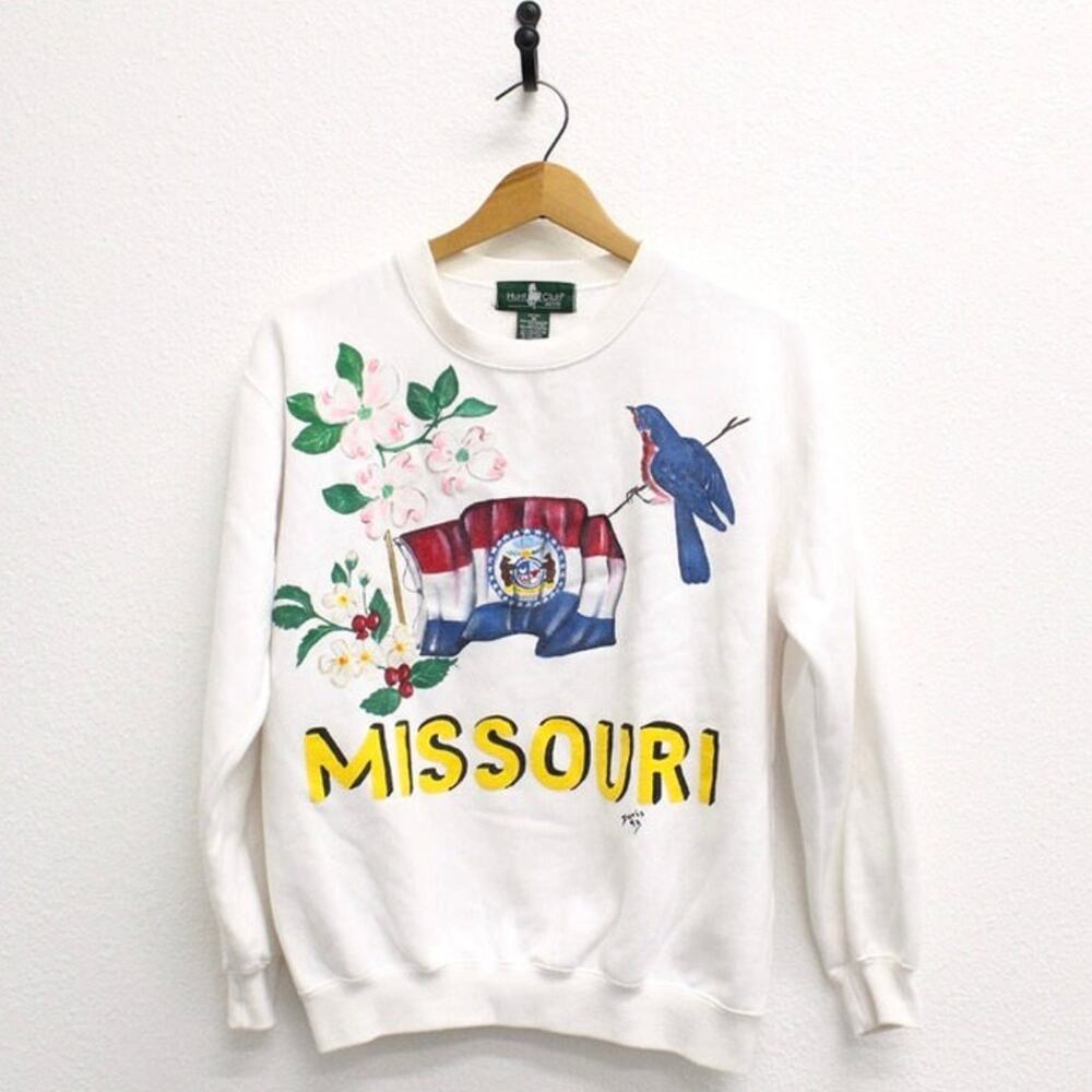 Vintage 90s Missouri Flag Bird Flower Sweatshirt Womens Petite Medium White